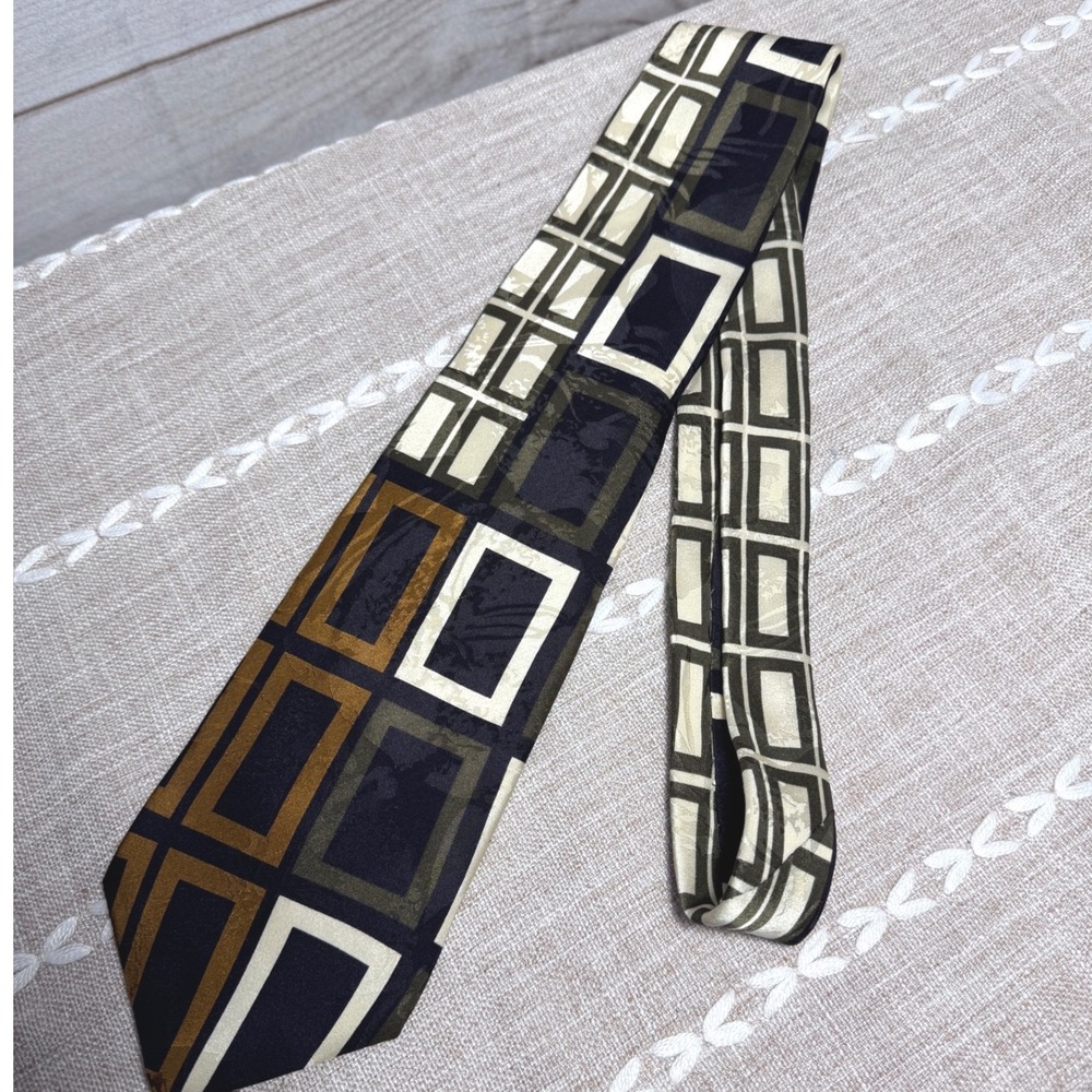 Cellini Uomo Mens Silk Tie Geometric Block Pattern Gold Olive Black Made in USA